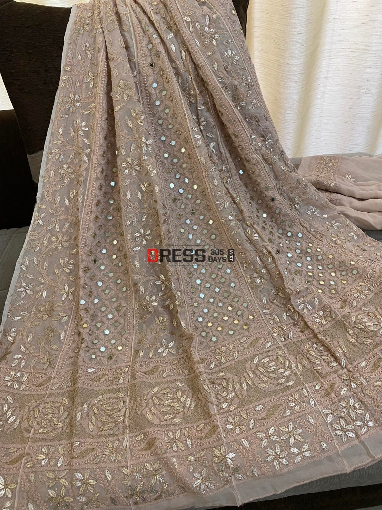 Rose Gold Mirror & Gota Patti Lucknowi Anarkali Suit Chikankari