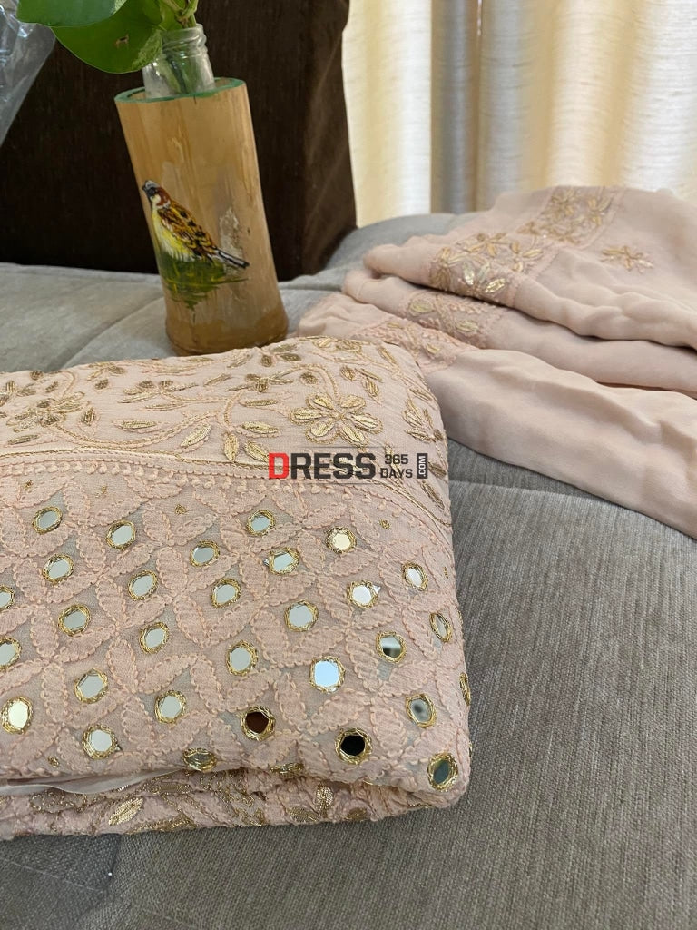 Rose Gold Mirror & Gota Patti Lucknowi Anarkali Suit Chikankari