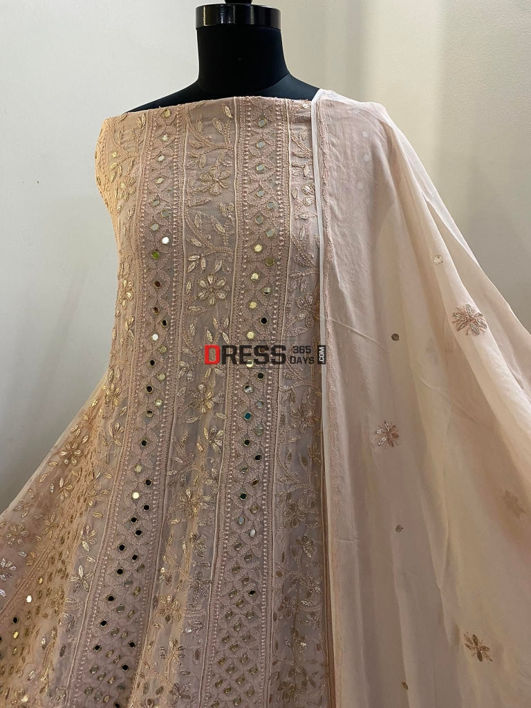 Rose Gold Mirror & Gota Patti Lucknowi Anarkali Suit Chikankari