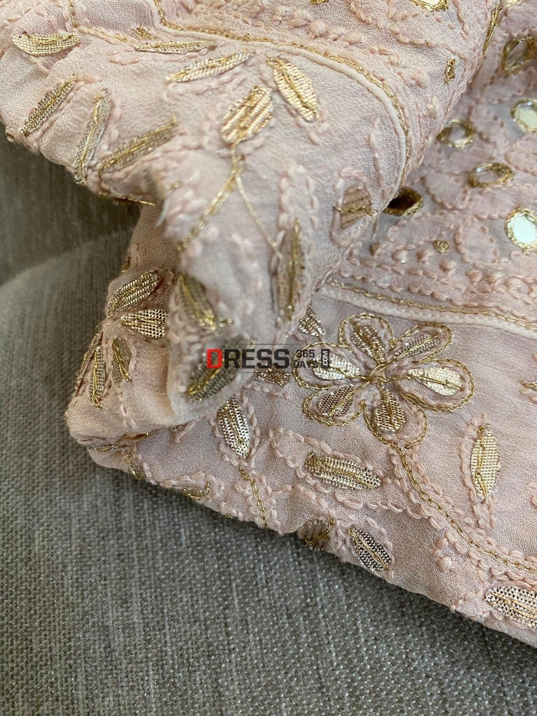 Rose Gold Mirror & Gota Patti Lucknowi Anarkali Suit Chikankari