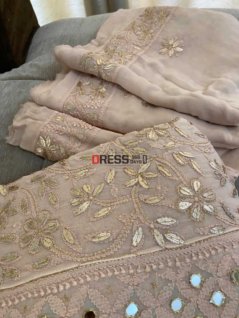Rose Gold Mirror & Gota Patti Lucknowi Anarkali Suit Chikankari