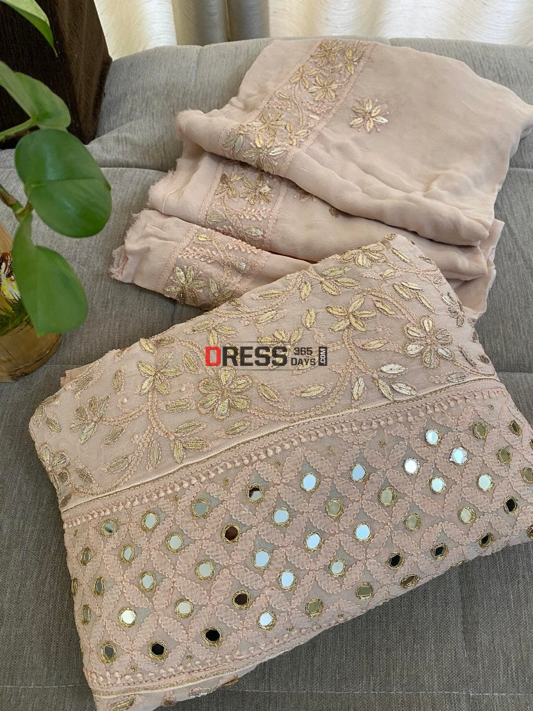 Rose Gold Mirror & Gota Patti Lucknowi Anarkali Suit Chikankari