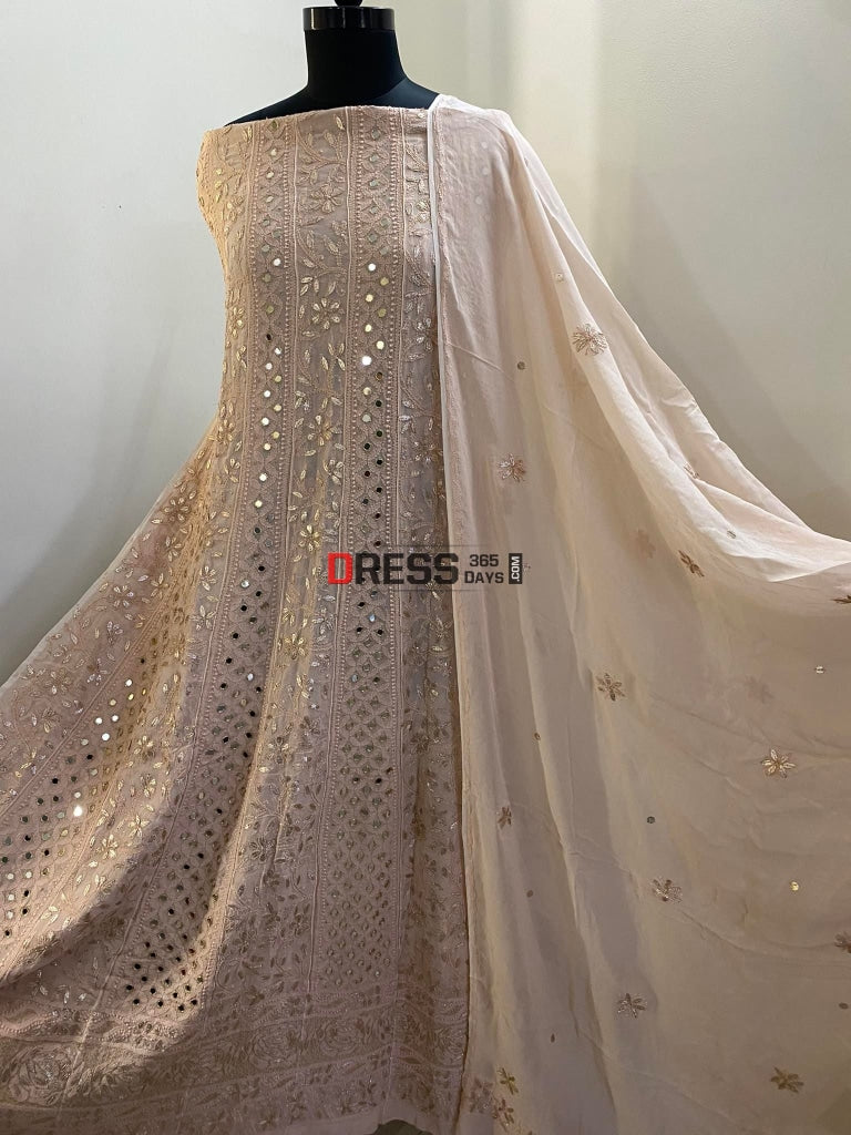 Rose Gold Mirror & Gota Patti Lucknowi Anarkali Suit Chikankari