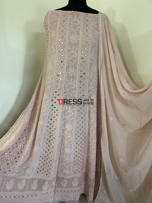 Rose Gold Mirror & Pearl Anarkali Suit Chikankari