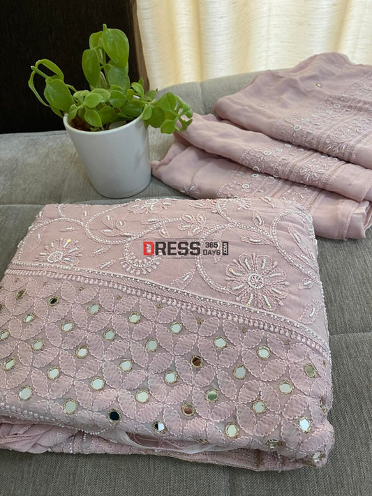Rose Gold Mirror & Pearl Anarkali Suit Chikankari