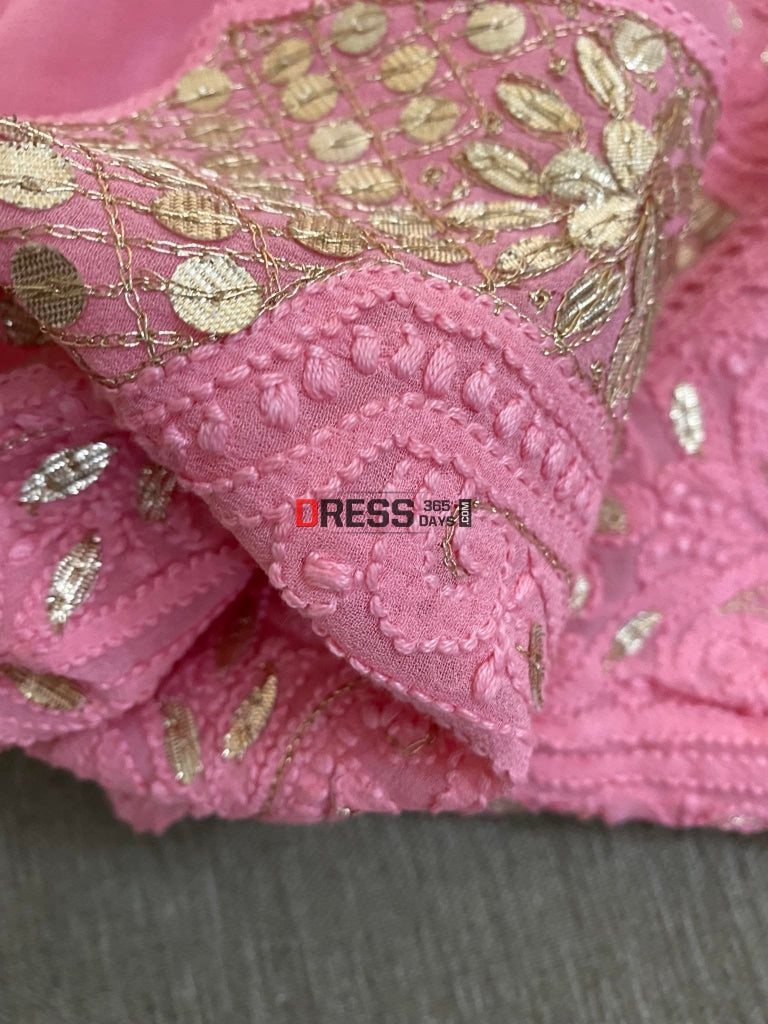 Rose Pink Chikankari Gota Patti Neckline Kurta Dupatta Set Suits