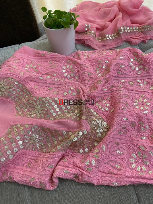 Rose Pink Chikankari Gota Patti Neckline Kurta Dupatta Set Suits
