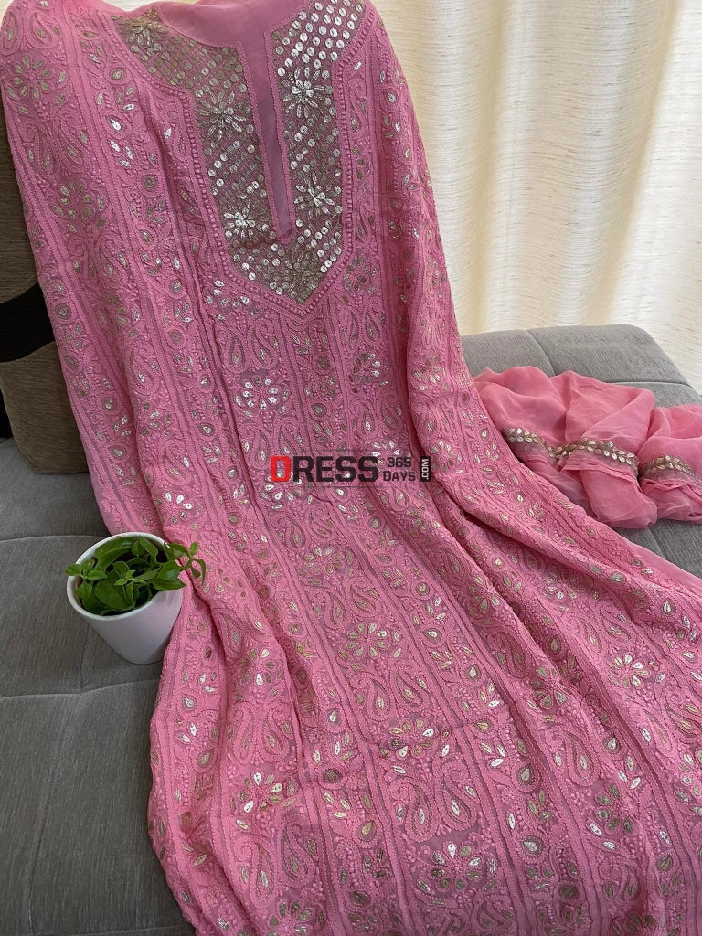 Rose Pink Chikankari Gota Patti Neckline Kurta Dupatta Set Suits