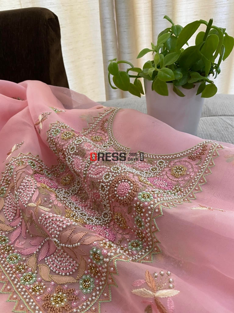 Rose Pink Exclusive Organza Pearls Chikankari Suit Suits