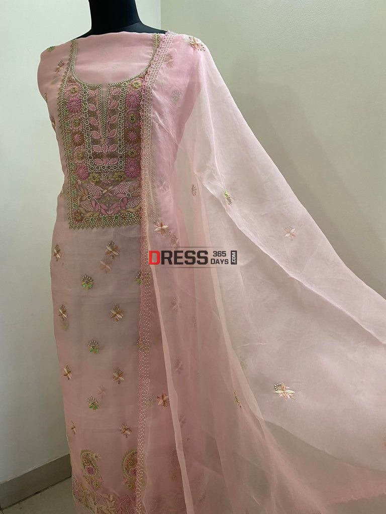 Rose Pink Exclusive Organza Pearls Chikankari Suit Suits