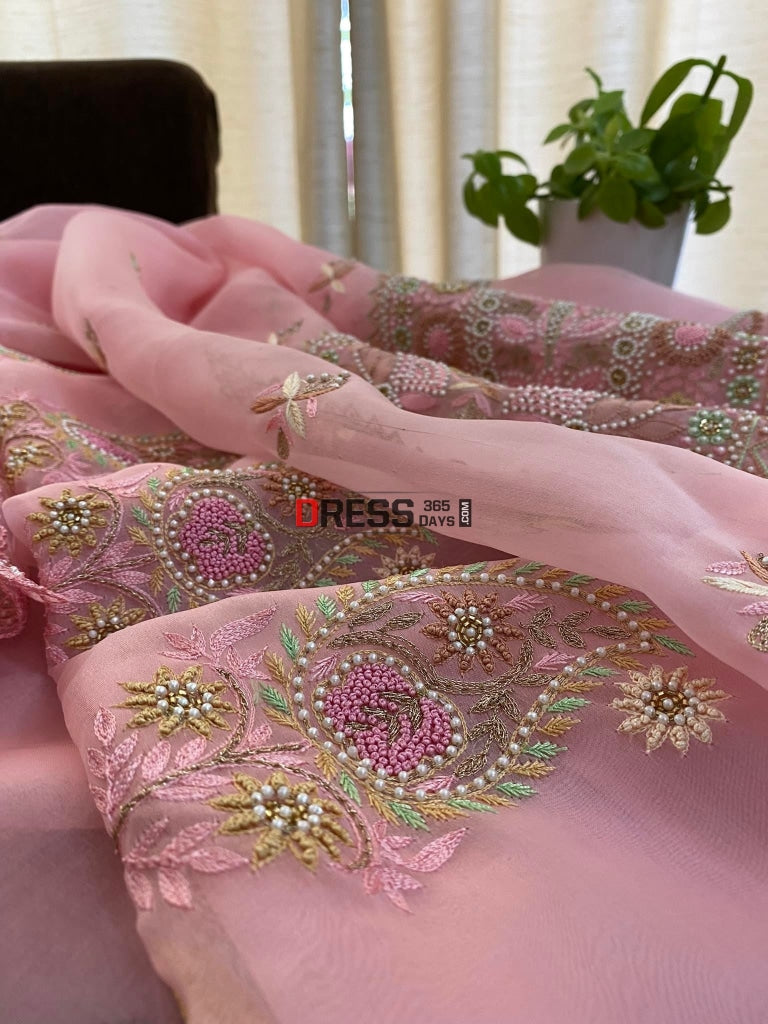 Rose Pink Exclusive Organza Pearls Chikankari Suit Suits