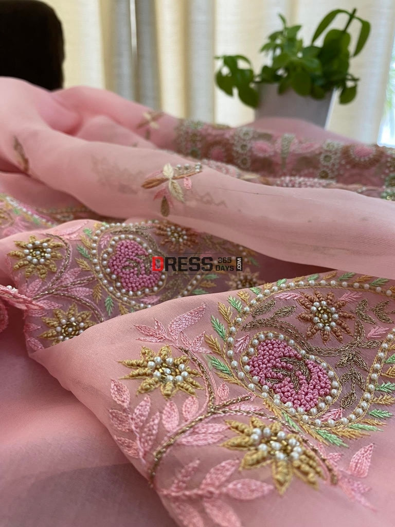 Rose Pink Exclusive Organza Pearls Chikankari Suit Suits