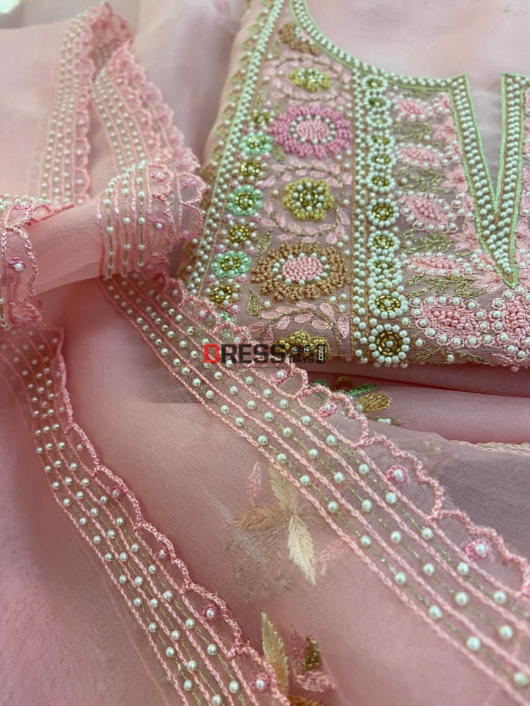 Rose Pink Exclusive Organza Pearls Chikankari Suit Suits