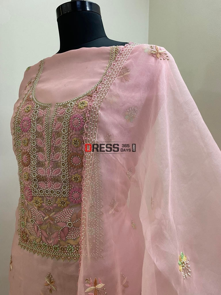 Rose Pink Exclusive Organza Pearls Chikankari Suit Suits