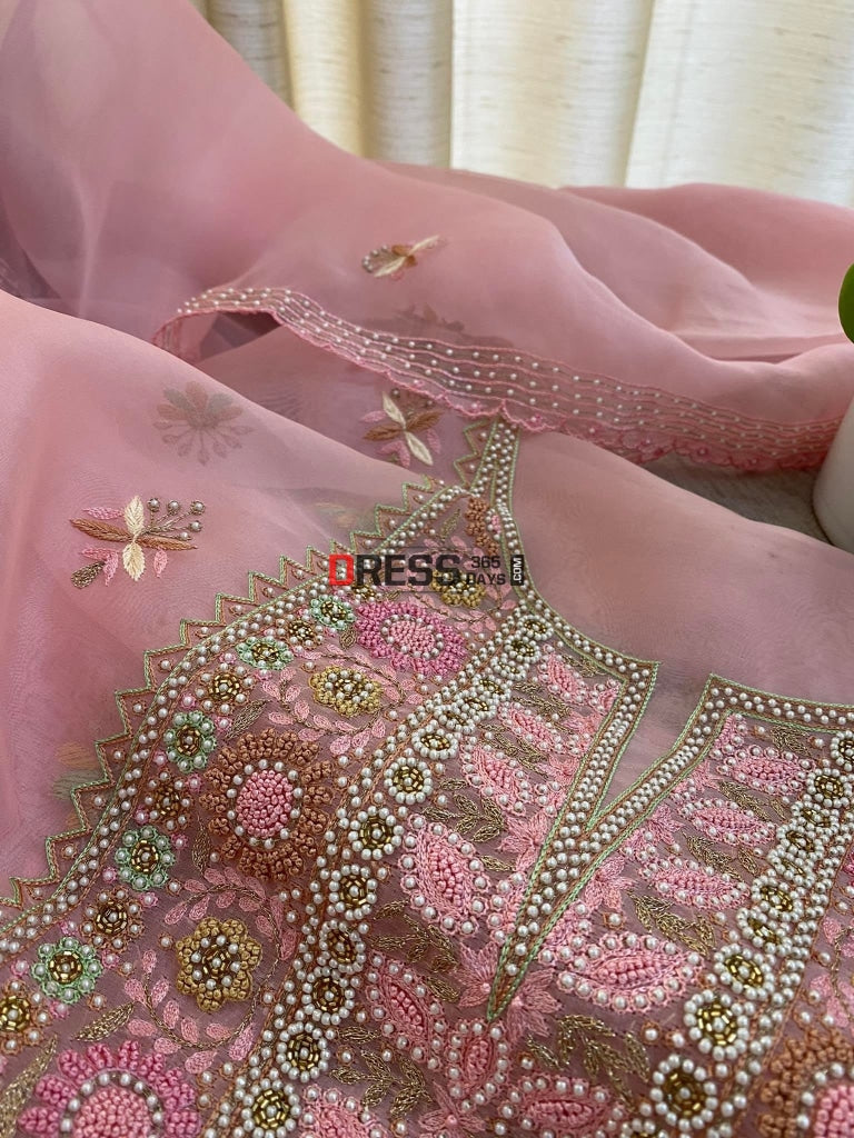 Rose Pink Exclusive Organza Pearls Chikankari Suit Suits