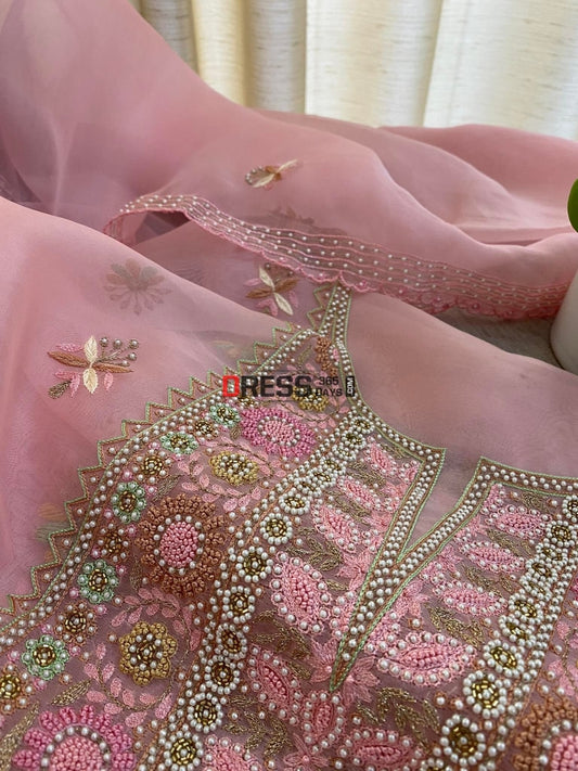 Rose Pink Exclusive Organza Pearls Chikankari Suit Suits