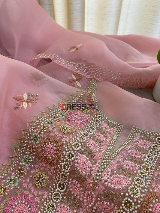 Rose Pink Exclusive Organza Pearls Chikankari Suit Suits