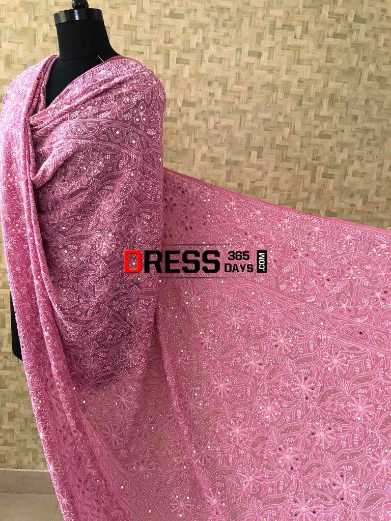 Rose Pink Mukaish Chikankari Dupatta