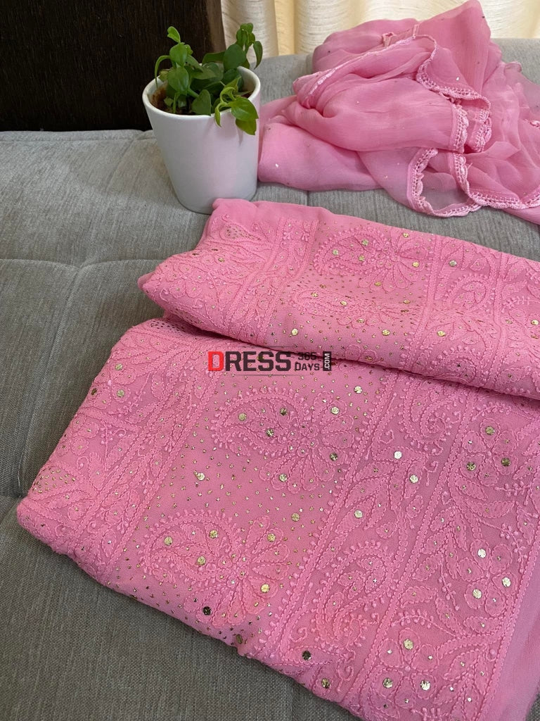Rose Pink Mukaish Neckline Chikankari Kurta Dupatta Suits
