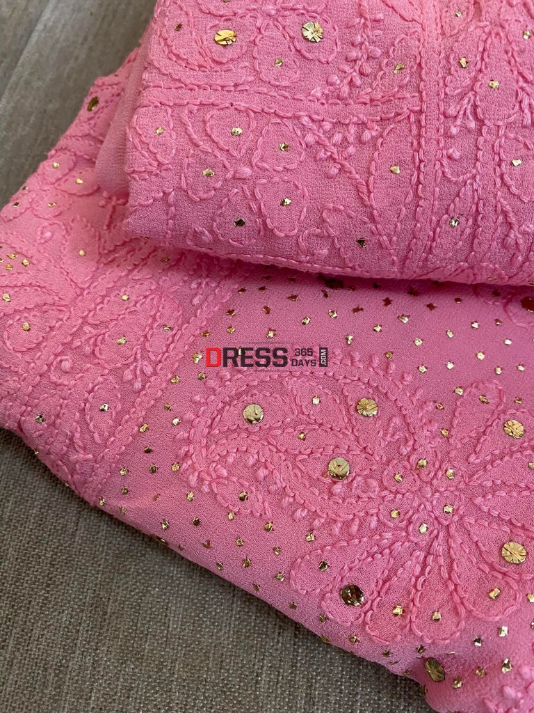 Rose Pink Mukaish Neckline Chikankari Kurta Dupatta Suits