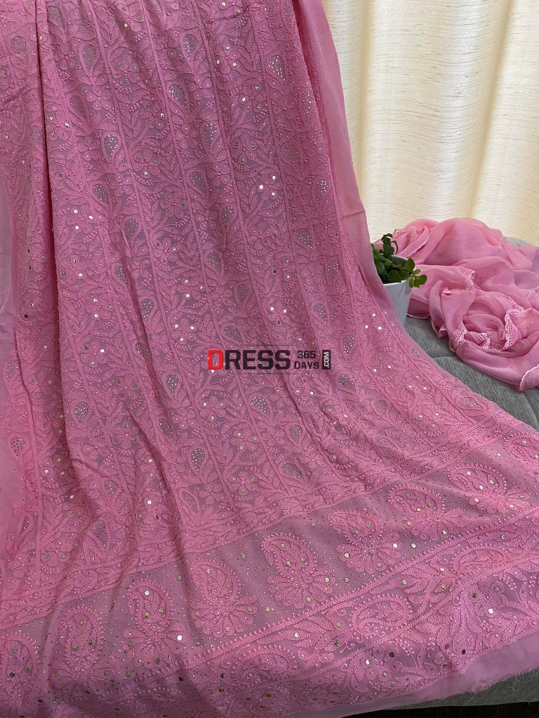 Rose Pink Mukaish Neckline Chikankari Kurta Dupatta Suits