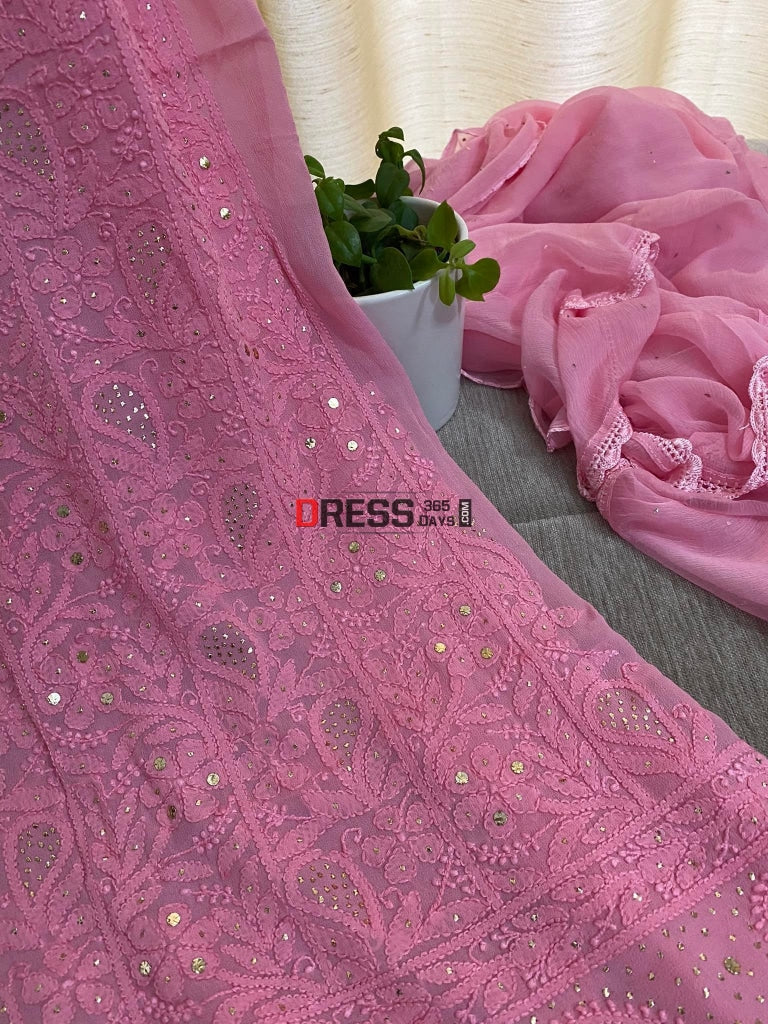 Rose Pink Mukaish Neckline Chikankari Kurta Dupatta Suits