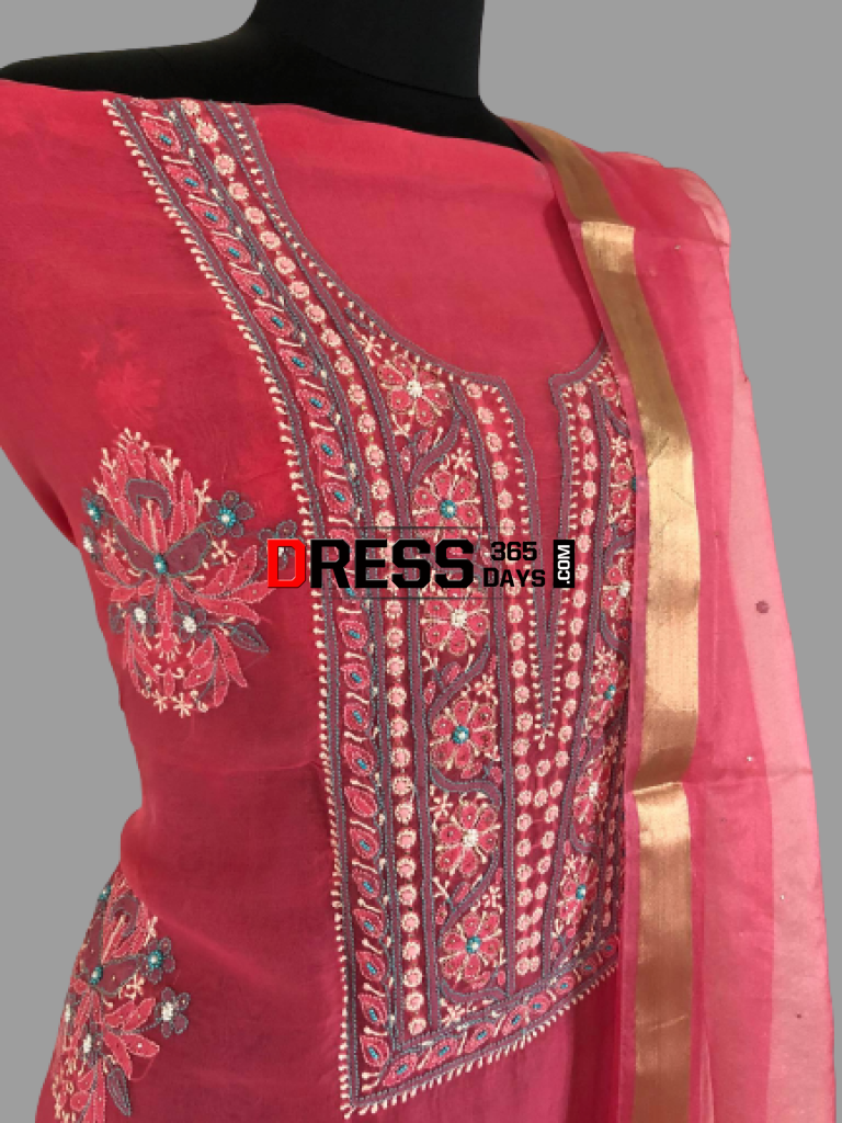 Rose Pink Organza Beads And Chikankari Suit Suits