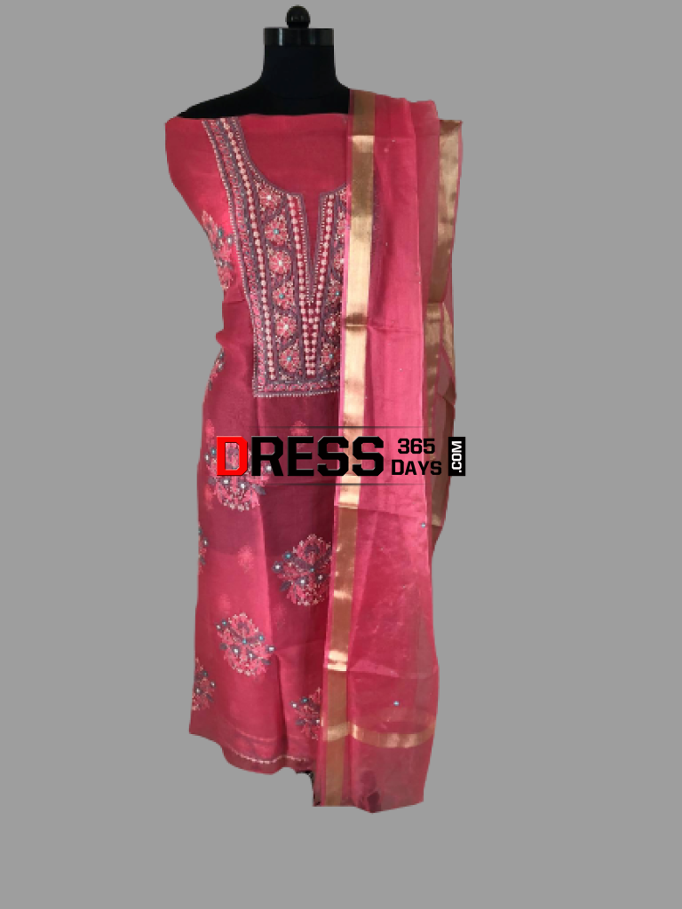 Rose Pink Organza Beads And Chikankari Suit Suits
