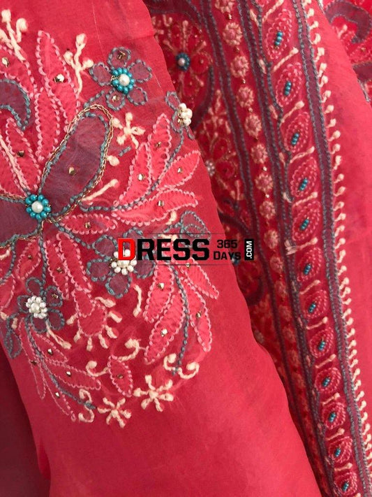 Rose Pink Organza Beads And Chikankari Suit Suits