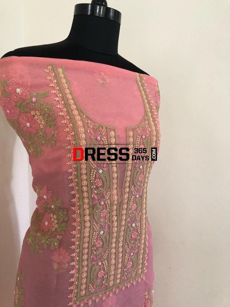 Rose Pink Organza Chikankari Suit With Heavy Banarasi Dupatta