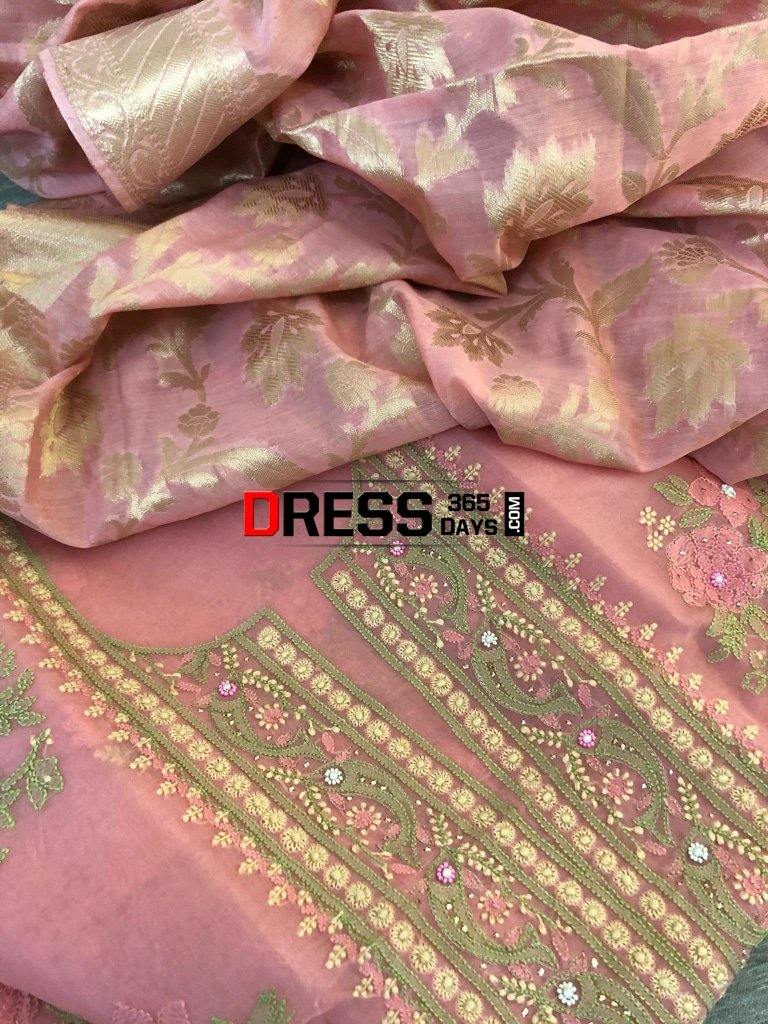 Rose Pink Organza Chikankari Suit With Heavy Banarasi Dupatta