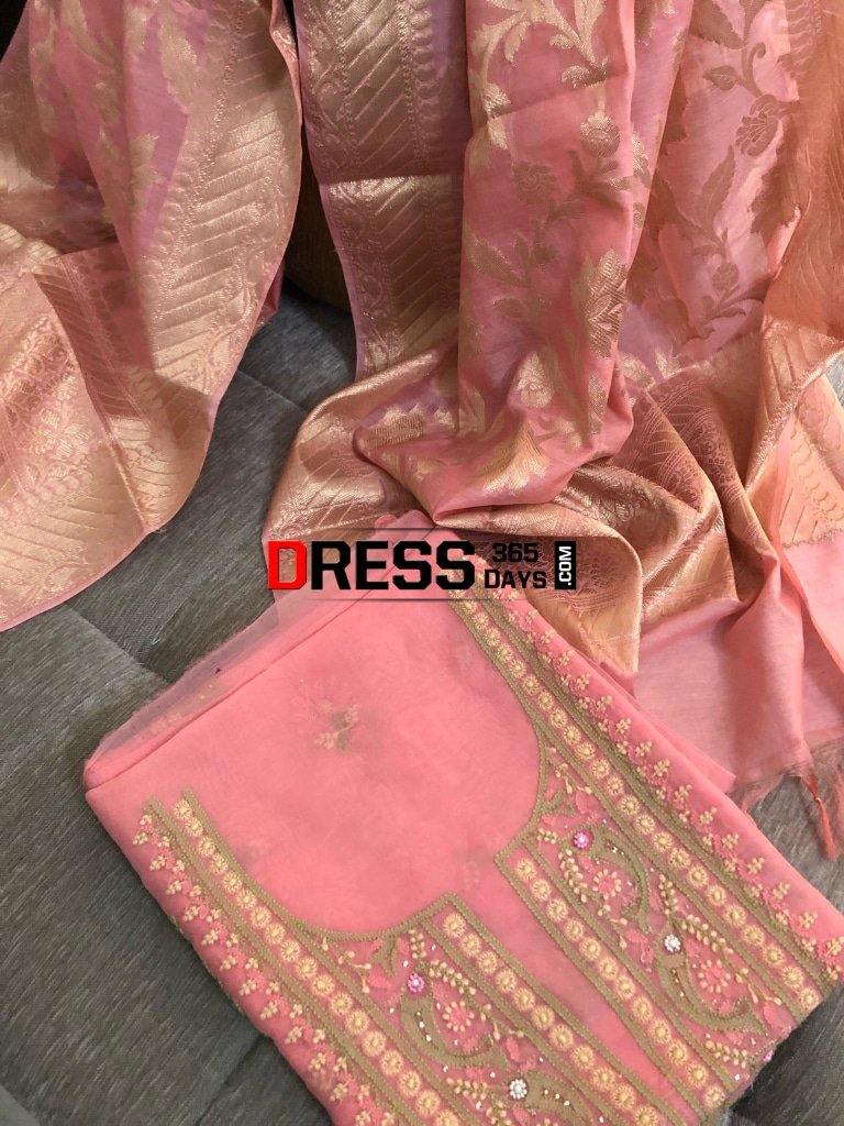 Rose Pink Organza Chikankari Suit With Heavy Banarasi Dupatta