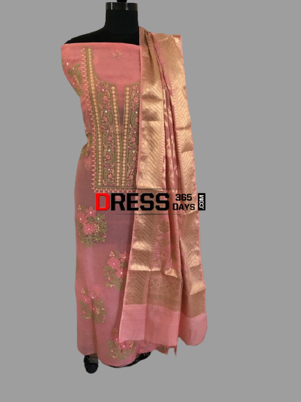 Rose Pink Organza Chikankari Suit with Heavy Banarasi Dupatta - Dress365days