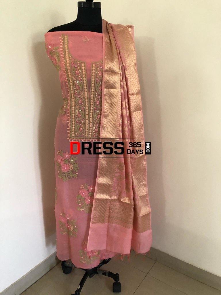 Rose Pink Organza Chikankari Suit With Heavy Banarasi Dupatta