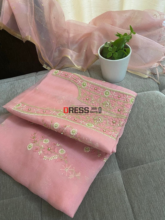 Rose Pink Organza Pearls Chikankari Suit Suits