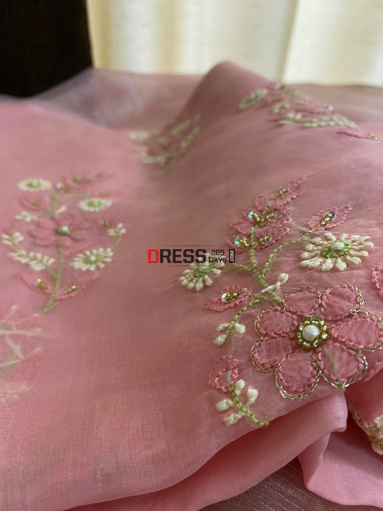 Rose Pink Organza Pearls Chikankari Suit Suits