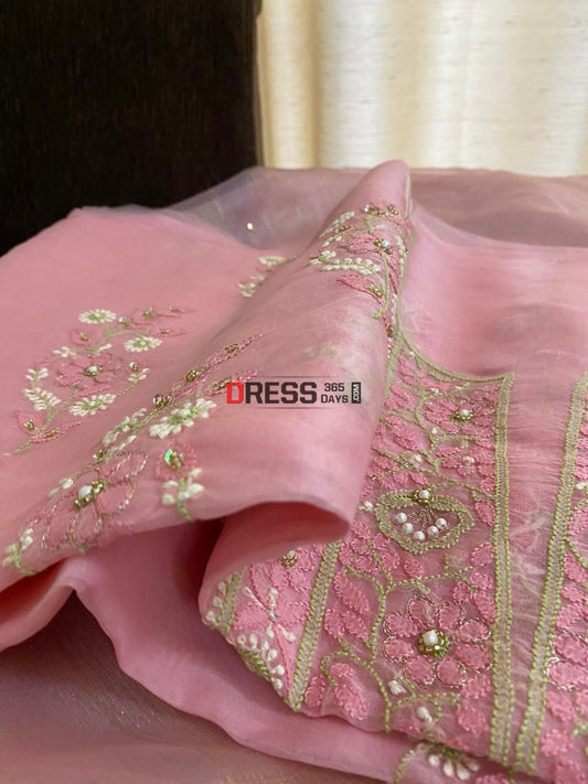 Rose Pink Organza Pearls Chikankari Suit Suits