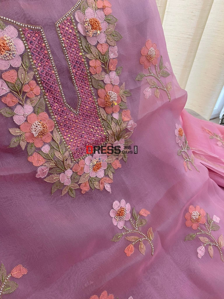 Rose Pink Organza Pearls Multicolour Chikankari Suit Suits