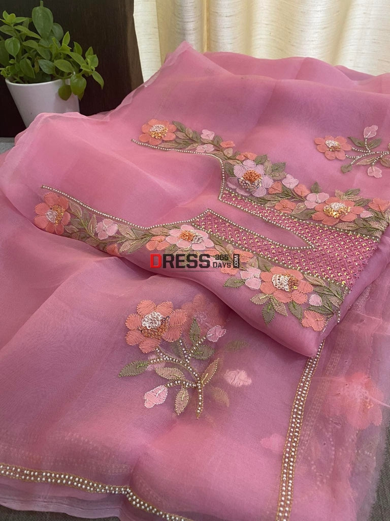 Rose Pink Organza Pearls Multicolour Chikankari Suit Suits
