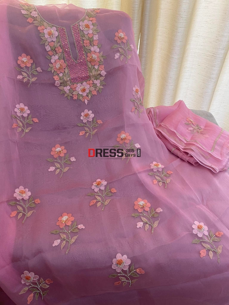 Rose Pink Organza Pearls Multicolour Chikankari Suit Suits