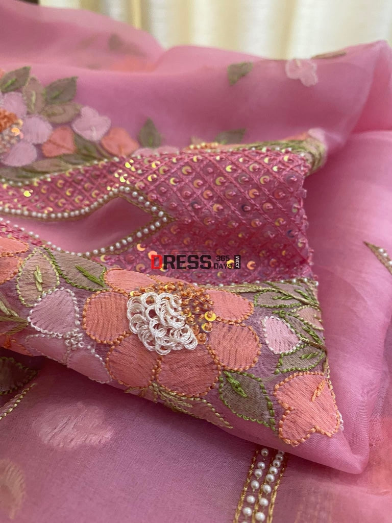 Rose Pink Organza Pearls Multicolour Chikankari Suit Suits