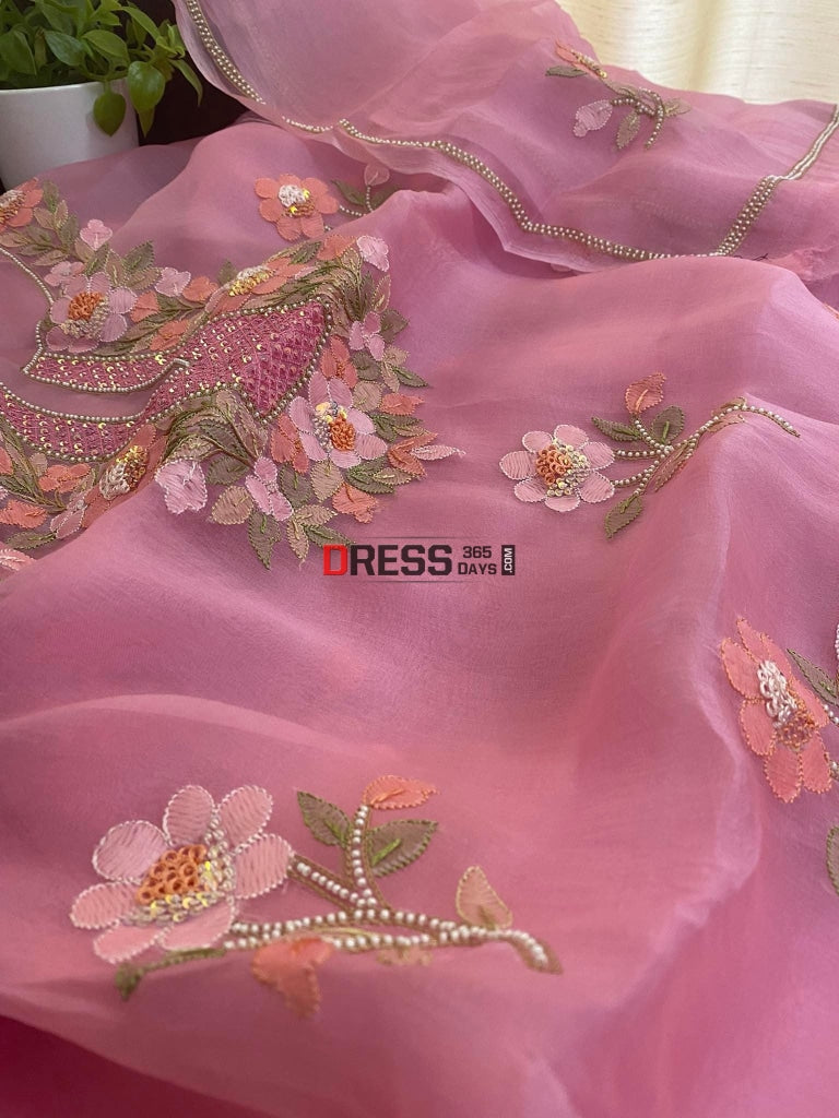 Rose Pink Organza Pearls Multicolour Chikankari Suit Suits