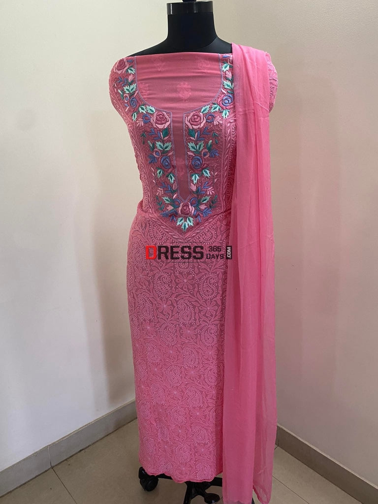 Rose Pink Parsi Gara Neckline Chikankari Suit Suits
