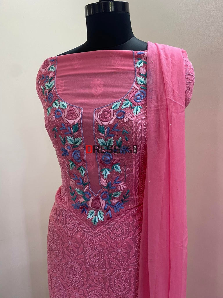Rose Pink Parsi Gara Neckline Chikankari Suit Suits