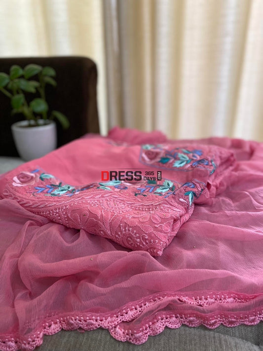 Rose Pink Parsi Gara Neckline Chikankari Suit Suits
