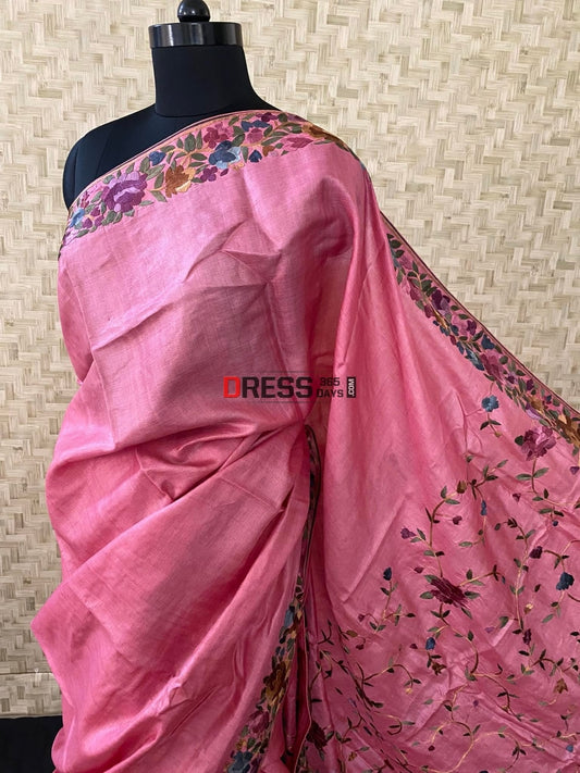 Rose Pink Parsi Gara Tussar Silk Hand Embroidered Saree