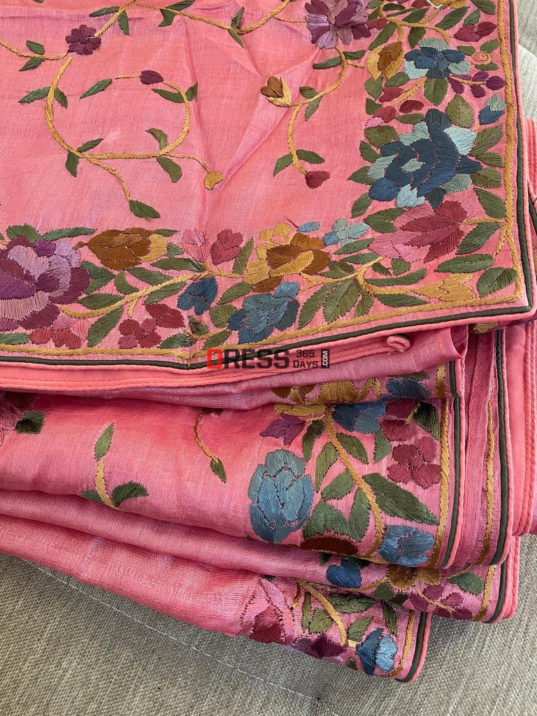 Rose Pink Parsi Gara Tussar Silk Hand Embroidered Saree