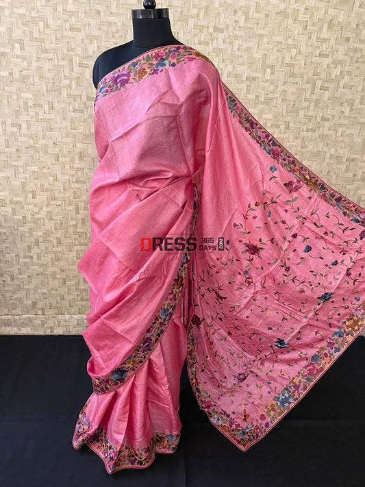 Rose Pink Parsi Gara Tussar Silk Hand Embroidered Saree