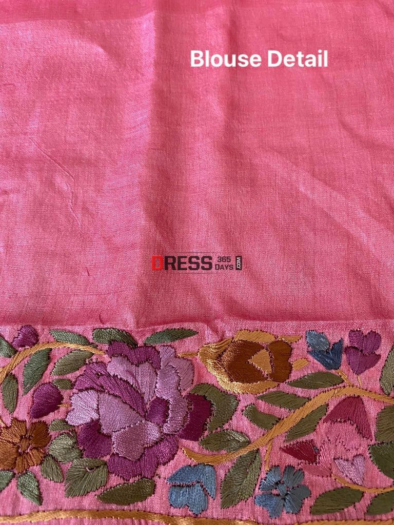 Rose Pink Parsi Gara Tussar Silk Hand Embroidered Saree