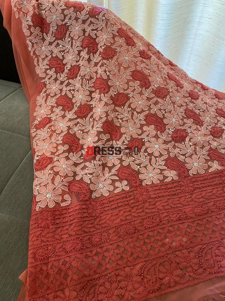 Rose Red Georgette Chikankari Kurti Fabric (Only Kurti)